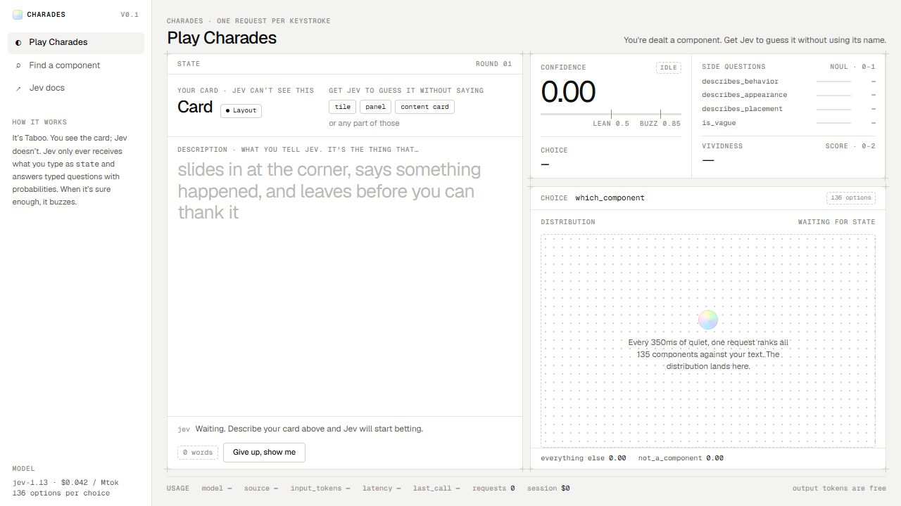 Component description input, card rules and the waiting probability board in Component Charades.