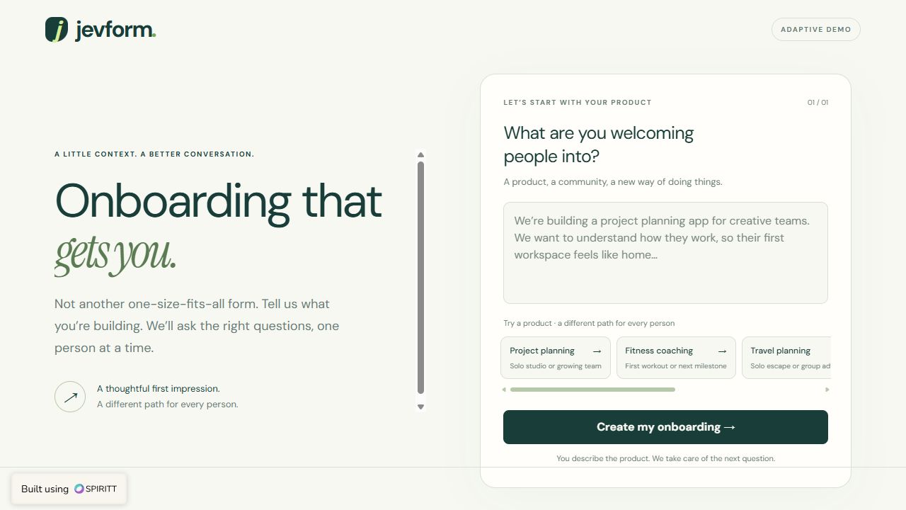 Product description field and onboarding example choices in JevForm's initial form.