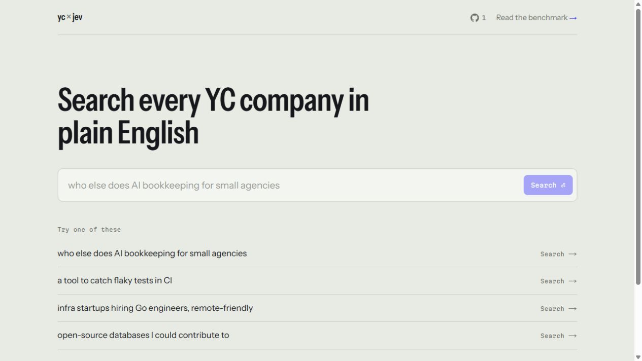 Natural-language company search input and example queries in YC × Jev.